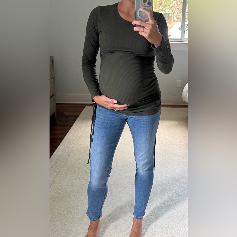 Olive Green Ribbed Maternity Top with Side Ties -Bump Friendly